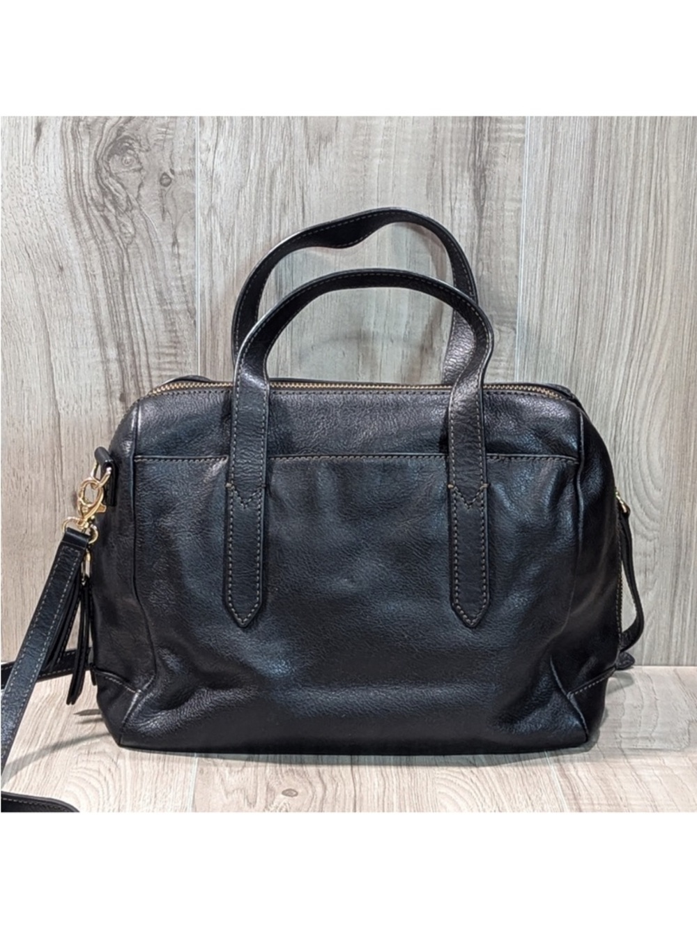FOSSIL Sydney Black Pebbled Leather Satchel Purse Handbag Gold Hardware - Picture 5 of 14